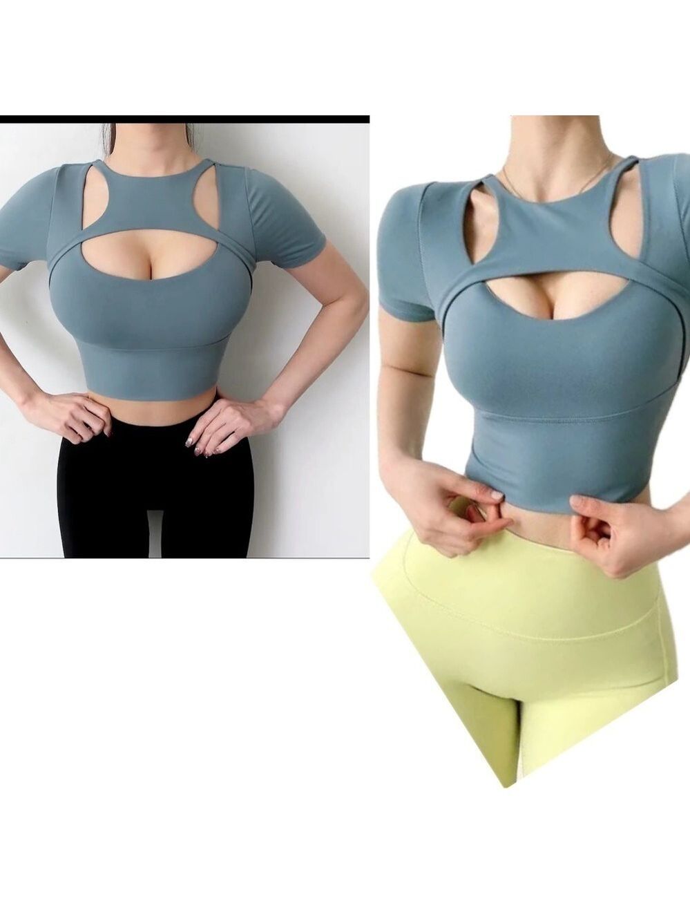 Dusty blue slate blue short sleeve caged crisscross open back crop top gym yoga
